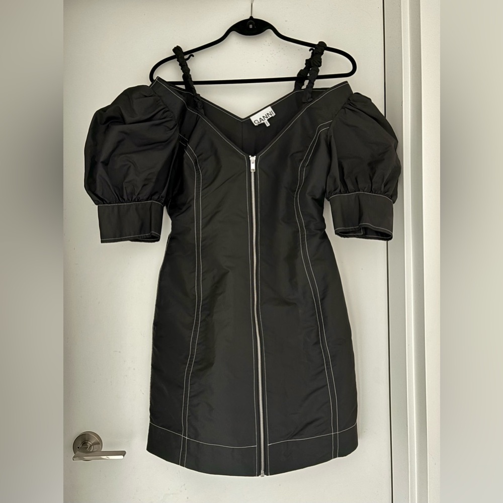 Ganni Ines Black Mini Dress with Puff Sleeves EU 38/ US 6